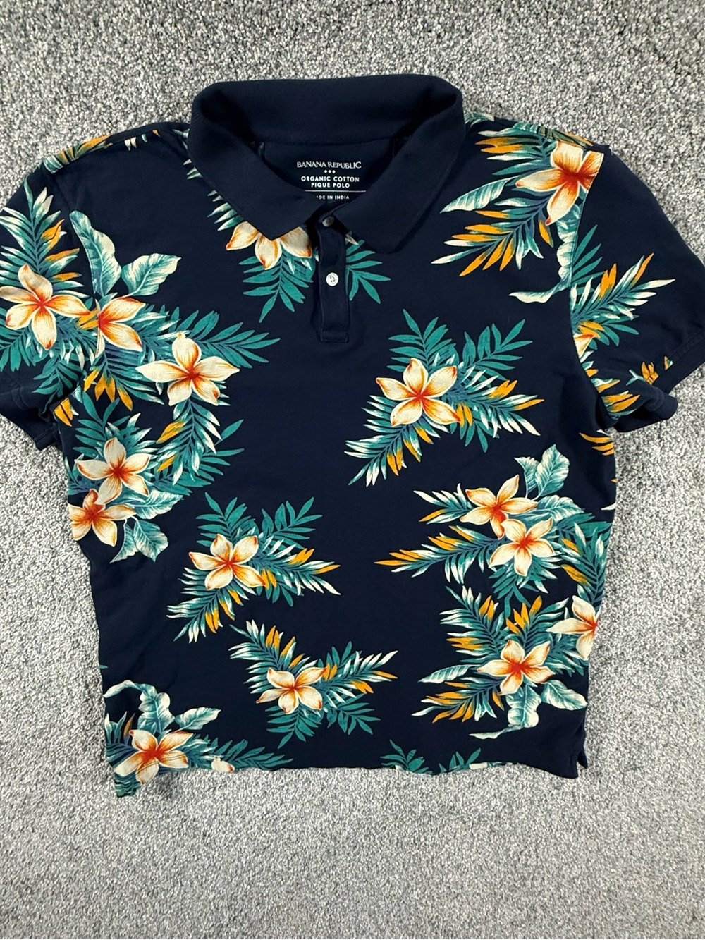 Banana Republic Organic Cotton Pique Polo XL Navy Tropical Floral Hawaiian Shirt